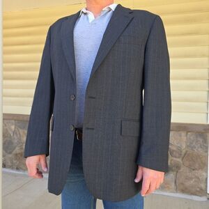 Vintage Chaps Ralph Lauren Wool Suit Jacket Mens 46T Gray with Purple Pinstripe